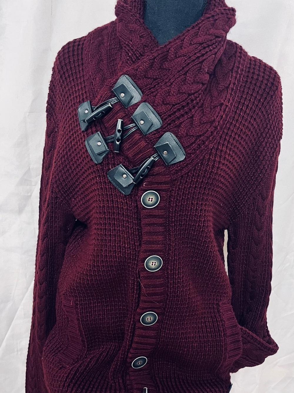 Men's Burgundy Cable-Knit Toggle Cardigan Sweater